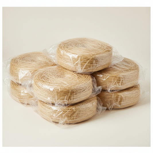 Stack of dried natural fiber bundles wrapped in plastic on a beige background
