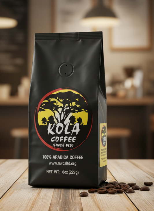 Kola Coffee bag on a wooden table with coffee beans in a blurred cafe setting