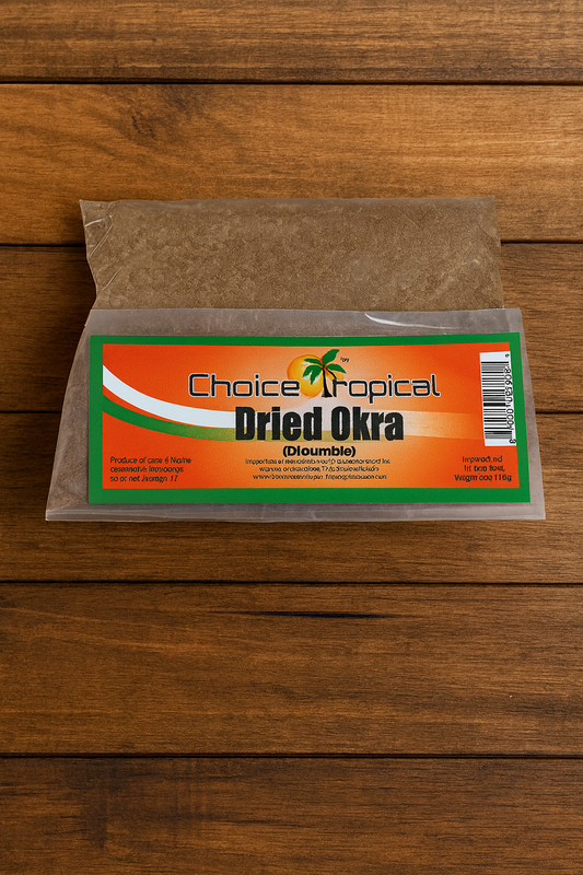 Package of Choice Tropical Dried Okra on a wooden surface
