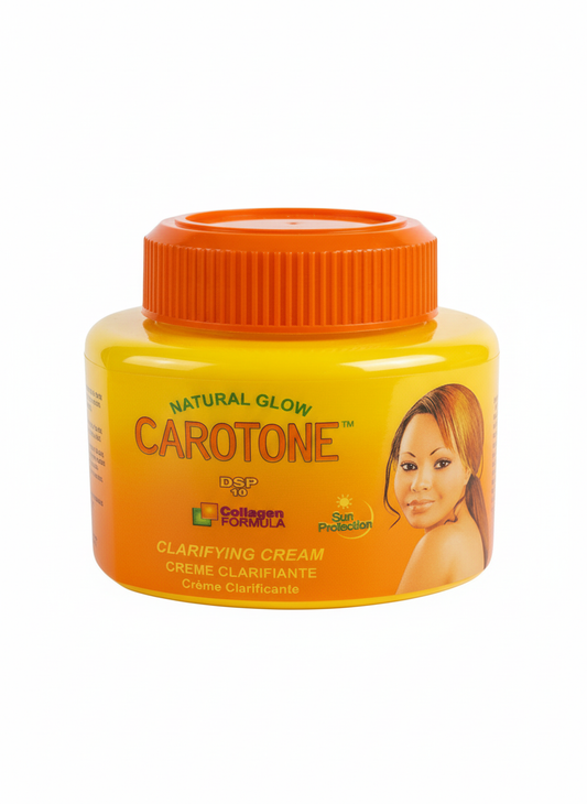 Jar of Carotone clarifying cream with an orange lid on a white background