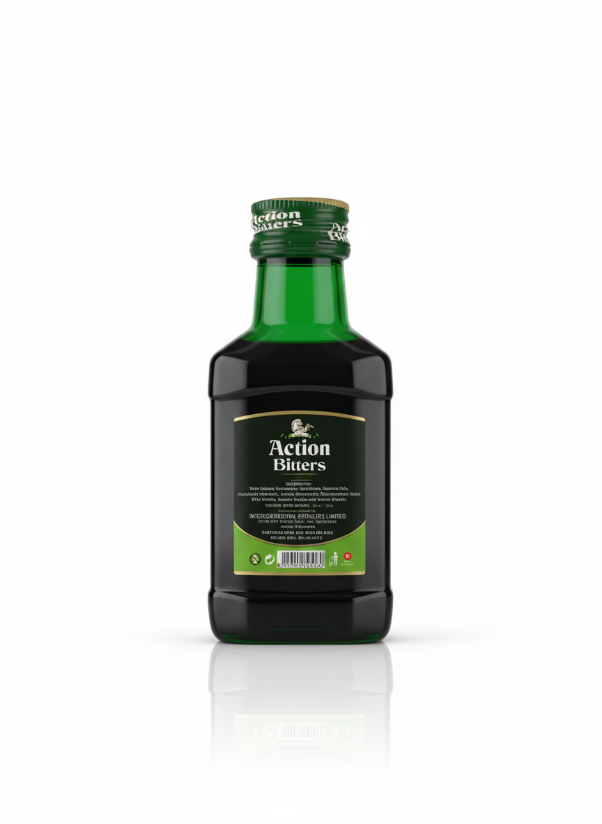 Action Bitters bottle on a white background
