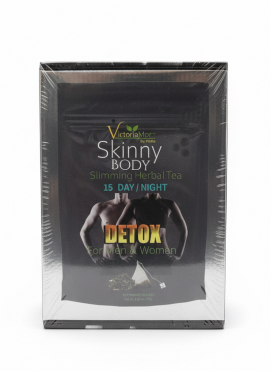 Slimming body tea package with branding and product details on a white background