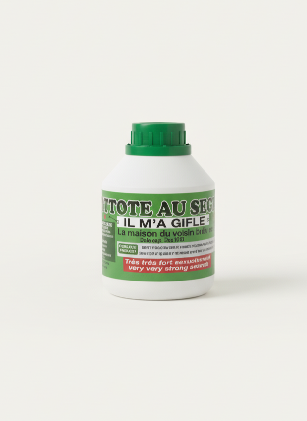 Bottle with green cap and label on a white background