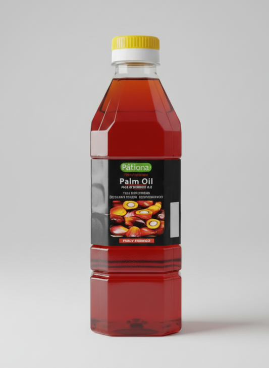 Bottle of palm oil with a label on a white background