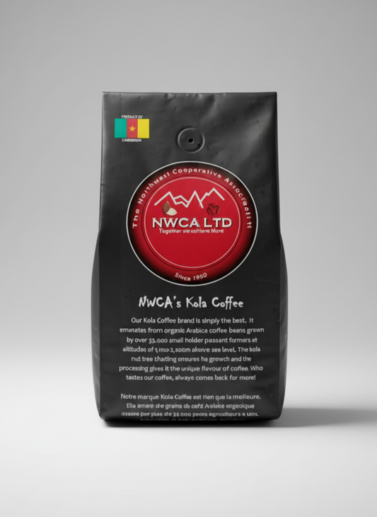 Coffee bag with NWCA LTD branding on a gray background