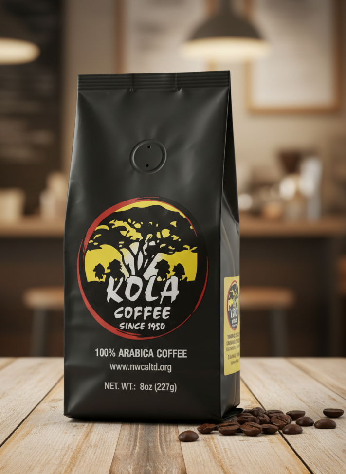 Kola Coffee bag on a wooden table with coffee beans in a blurred cafe setting