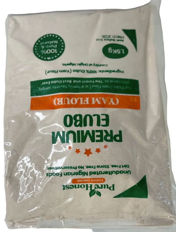 Package of Pure Honey Premium Elubo Yam Flour on a white background